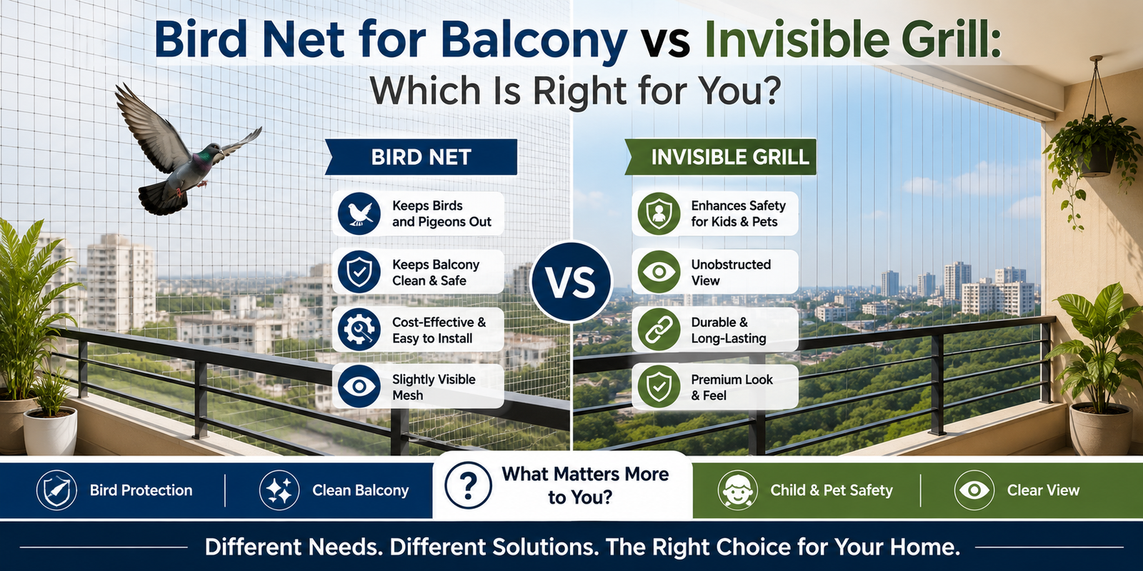 Bird Net for Balcony vs Invisible Grill